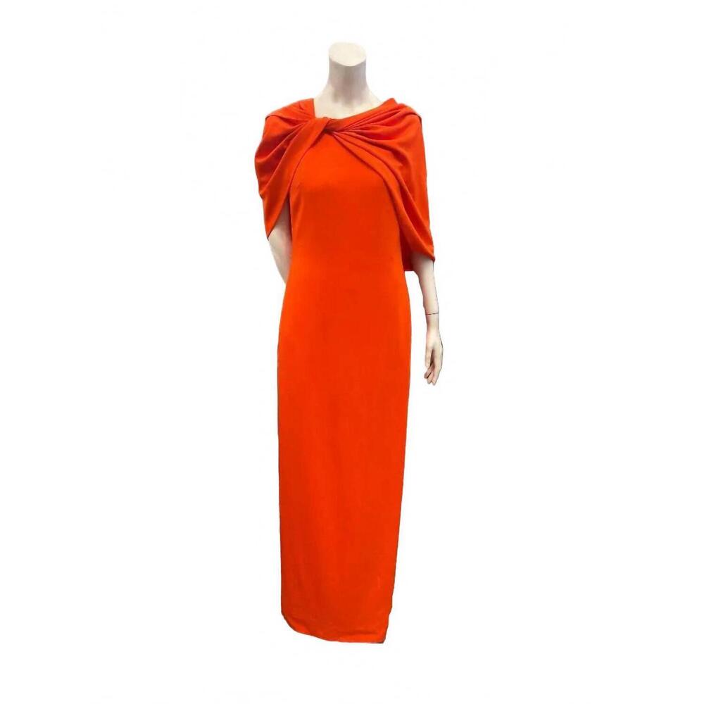 NEW OSCAR DE LA RENTA women's draped sleeve cady column gown in blood orange